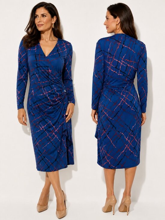 Anne Klein Dresses & Skirts - Classic Feminine Ruched Midi Dress Blue Abstract Print Workwear Office Chic 10